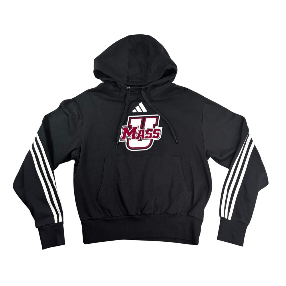 Adidas UMass Minutemen Cropped Hoodie Black White Stripe Fleece Pullover Small